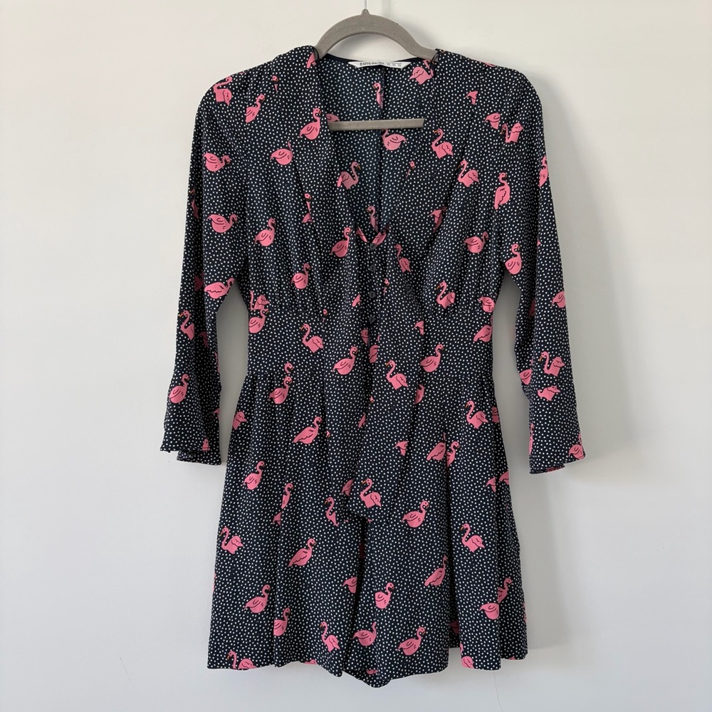 Zara Navy Blue White Polka Dot Pink Flamingo Button Down Short Romper XS